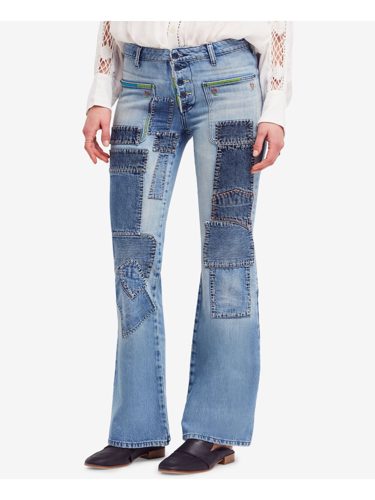Free People FREE PEOPLE Womens Blue Patchwork Straight leg Jeans Size