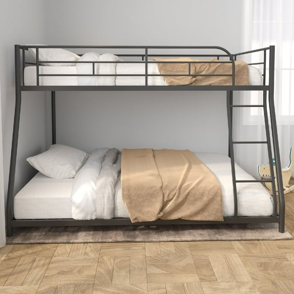 Twin over Full Bunk Bed Frame with Safety Guard Rails and Ladder, Heavy-duty Sturdy Metal Bunk Bed with Wooden Slat for Bedroom,Apartment,Dorms, Noise Reduced, Squeak Free,Mattress Not Included,Black