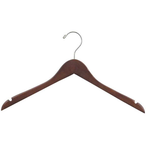 Wood Top Hanger, Box of 50 Space Saving 17 Inch Flat Wooden Hangers w/ Walnut Finish & Chrome Swivel Hook & Notches for Shirt Jacket or Dress by International Hanger