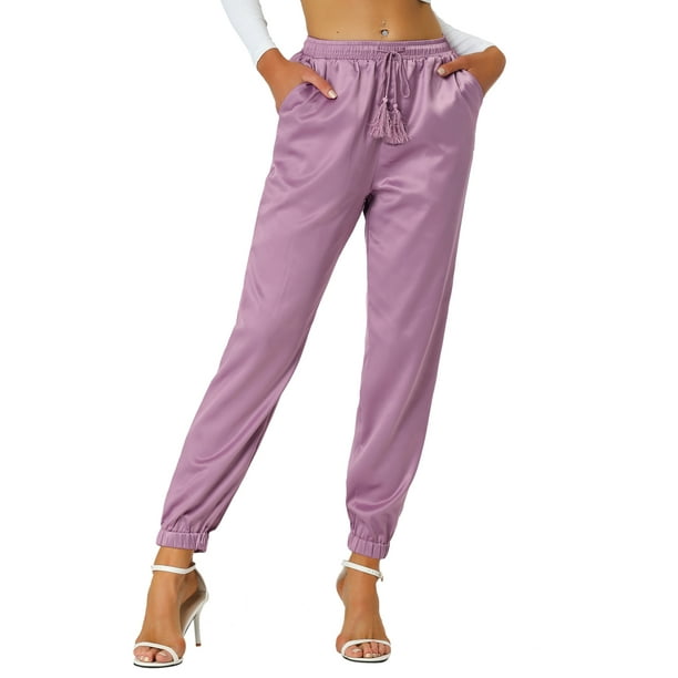 Allegra K Women's Elastic Waist Casual Athleisure Pants Ankle Length  Joggers Dull Purple L