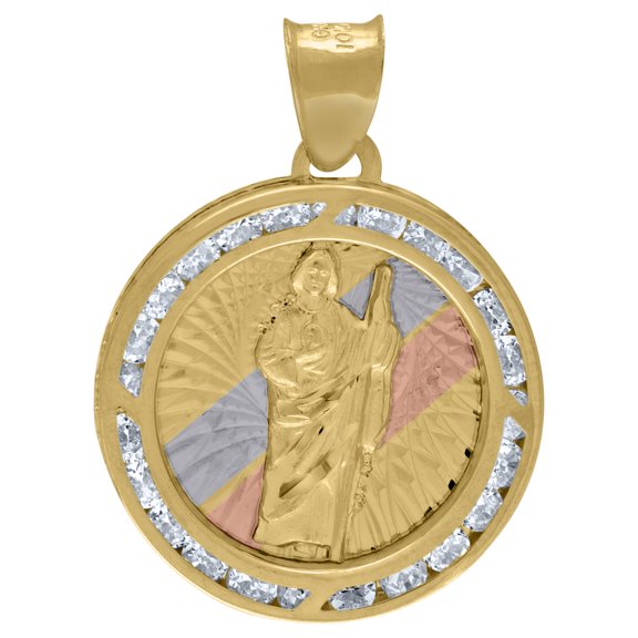10kt Tri-Color Gold Unisex Cubic Zirconia Cubic-Zirconia Saint Jude Religious Round Charm Pendant