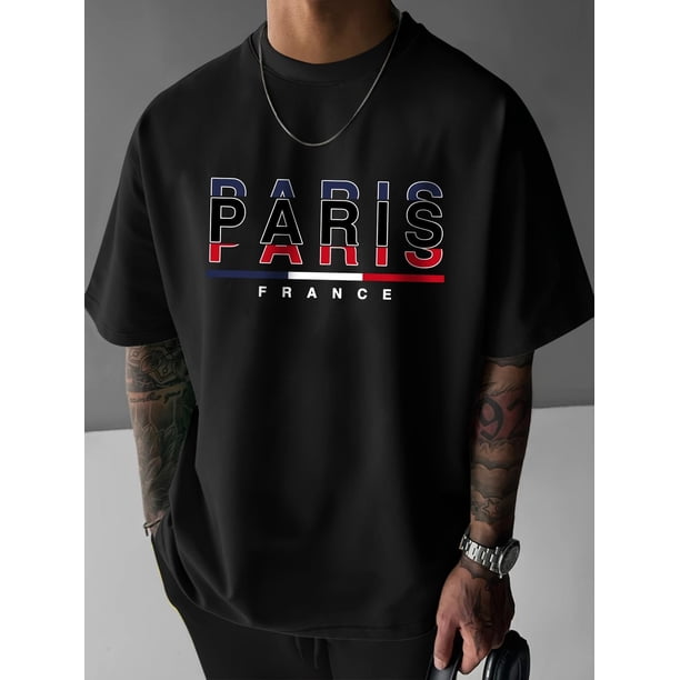 Camiseta informal con bloques de color inspirados en París para hombre. Poliéster transpirable, lavable a máquina. Cuello redondo y manga corta. Ideal para uso diario y deportivo. Para adultos, hombre