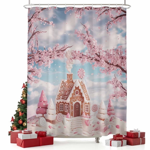 nqOlkjepod Pink Christmas Shower Curtain, Waterproof Shower Curtains for Bathroom, Farmhouse Botanical Tree Xmas Snowflake Washable Bathtub Curtain Set Bath Decor with 12 Hooks Extra Long 72"x96"