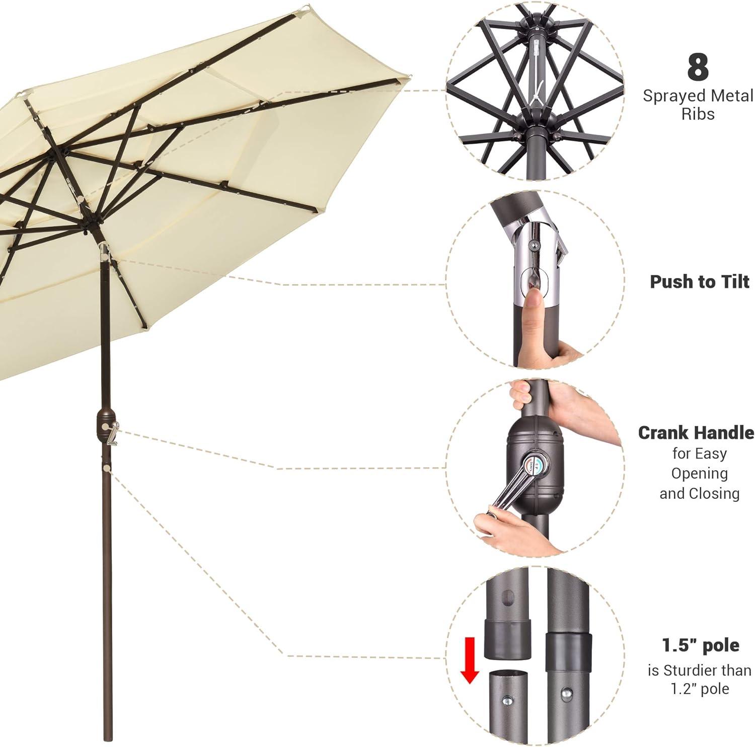 9ft Prelit Umbrella 3-Tiered Patio Umbrella with Lights, Beige