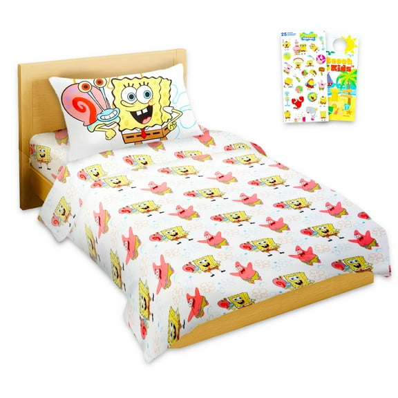 Spongebob Sheet Set Underwater Vibes - Bundle of Spongebob Bedding Including: Flat Sheet, Fitted Sheet, and Pillowcase for Twin Bed Plus Stickers, More for Kids