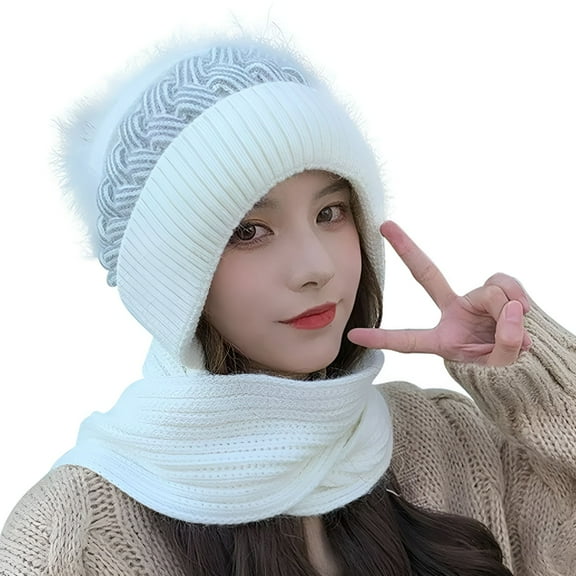 TELOLY Womens Beanie and Scarf Set for Girls Warm Knit Winter Ski Hat with Fleece Lined, Elastic Warm Conjoined Ear Protection Knitted Hat, Winter Beanie Hat Scarf