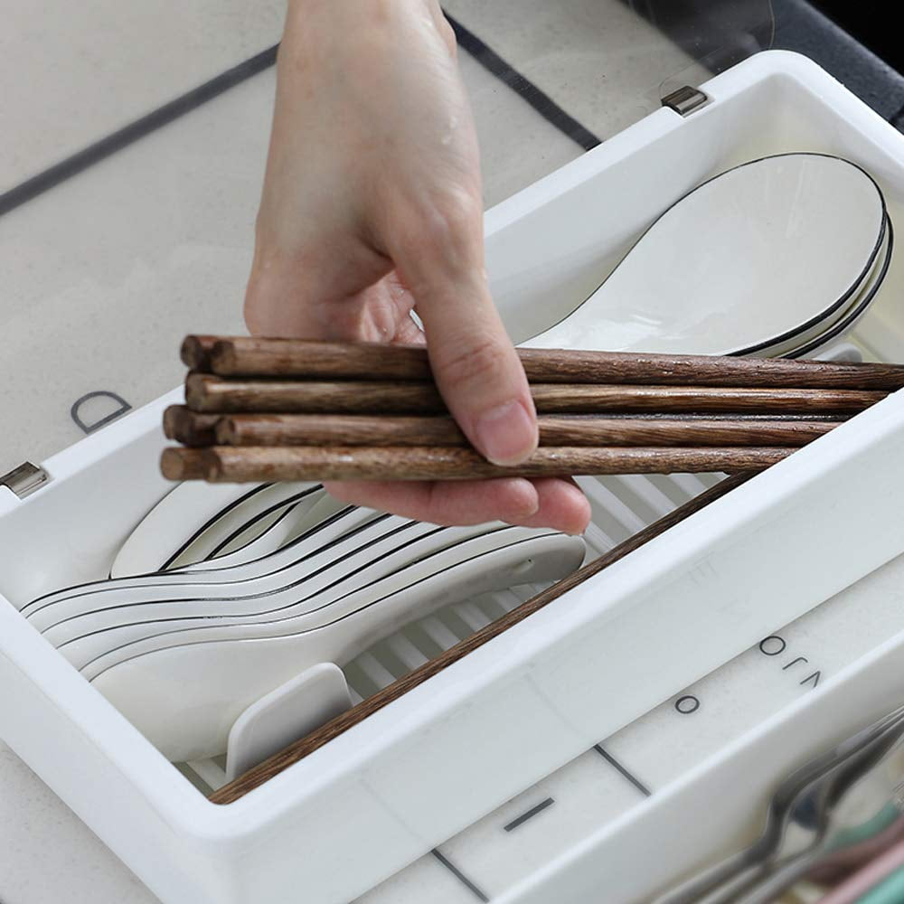 White Flatware Tray Kitchen Drawer Organizer With Lid And Drainer - Plastic Kitchen Cutlery Tray and Utensil Storage Container with Cover - 11.0 Inch Silverware Holder Drawer Organizer.