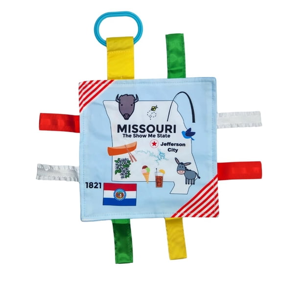 Baby Jack & Co 8x8” Learning Lovey Missouri State Tag Stroller Toy for Babies - Crinkle Toys for Developing Five Senses - Learn About Capitals - Travel with Baby Jack - BPA Free Clip
