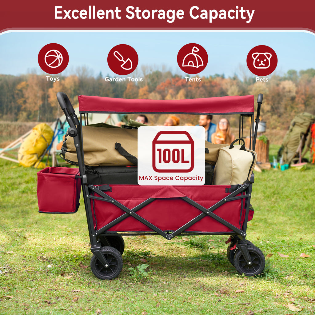 Collapsible Garden Wagon Cart with Removable Canopy, VECUKTY Foldable Wagon Utility Carts with Wheels and Rear Storage, Wagon Cart for Garden Camping Grocery Shopping Cart, Red - image 4 of 9
