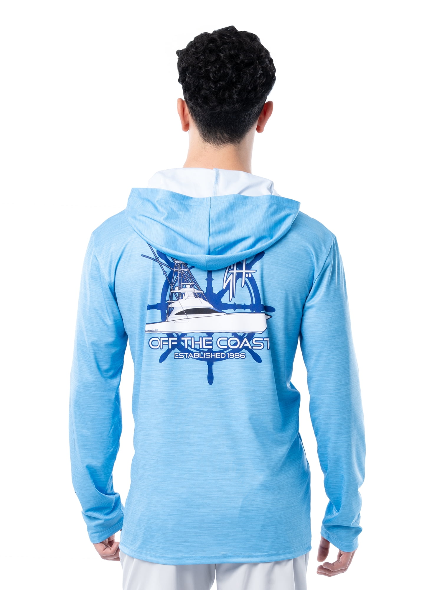GH BY GUY HARVEY Men's Long Sleeve Performance Fishing Graphic Hoodie, Bonnie Blue, M