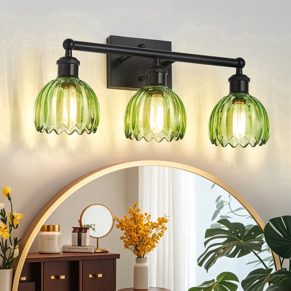GCGAFUL Modern Black Bathroom Vanity Light Fixtures, 20 in. 3-Light Bathroom Lights Fixtures Over Mirror with Green Tulip Glass Shade