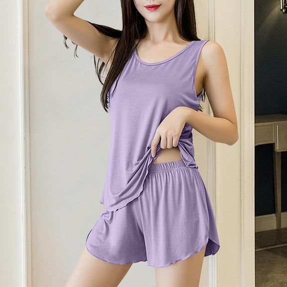 Blmnix Pajama Set Plus Size Cotton Pajamas Sleepwear Sets Pants Sleeveless Crew Neck Pink Short Pajama Set Women,M