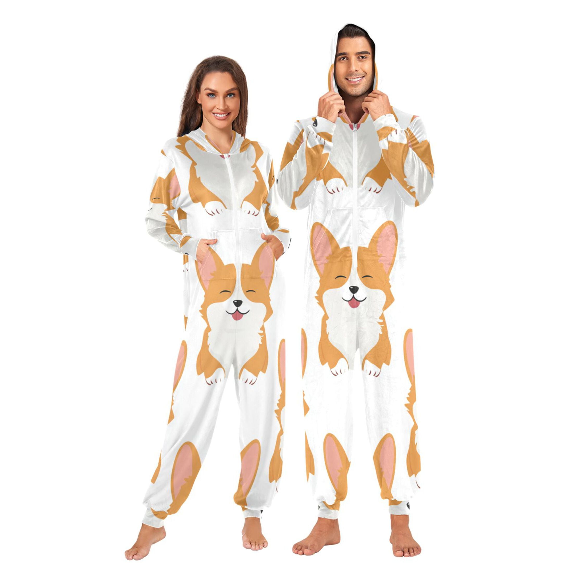 Seamless Happy Dogs Cartoon Adult's Hoodie Onesie Jumpsuit One-Piece Pajamas with Zipper Unisex for Holiday M