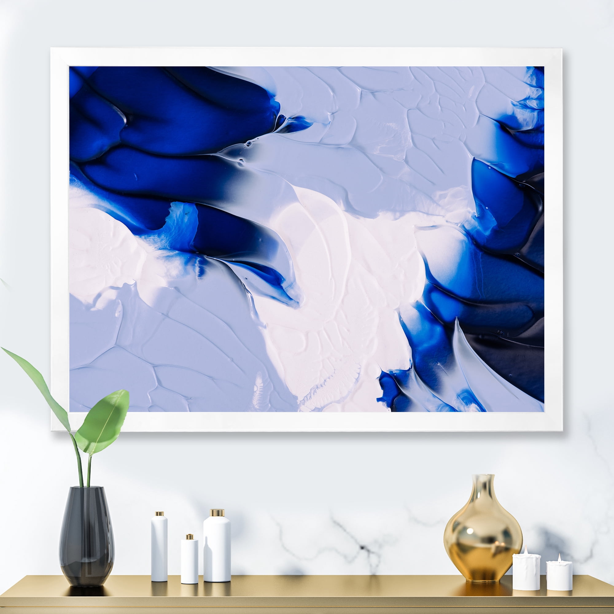 Designart 'Abstract White and Blue Grey Waves' Modern Framed Art Print