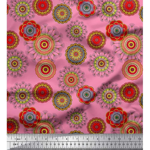 Soimoi Pink Cotton Duck Fabric Artistic Flower Mandala Print Fabric by Yard 56 Inch Wide