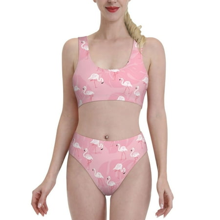 Bixox Pink Flamingos and Flowers Pattern Two-Piece Sports Bikini with U-Shaped Top and High-Waist Bottom - Women s Swimwear with Removable Bra Pads