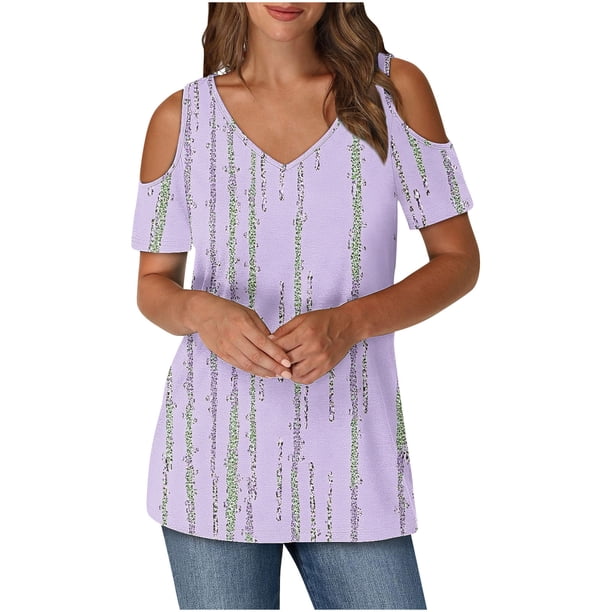 Algodón Fuera Del Hombro Tops para las Mujeres Blusas de Impresión de Manga Corta Cuello en V Top de Moda, Blusa de Verano Casual
