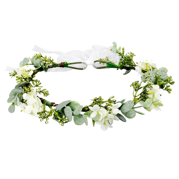 Bohemian Eucalyptus Floral Headband with Ribbon, Green Leaf Bridal Hair Crown