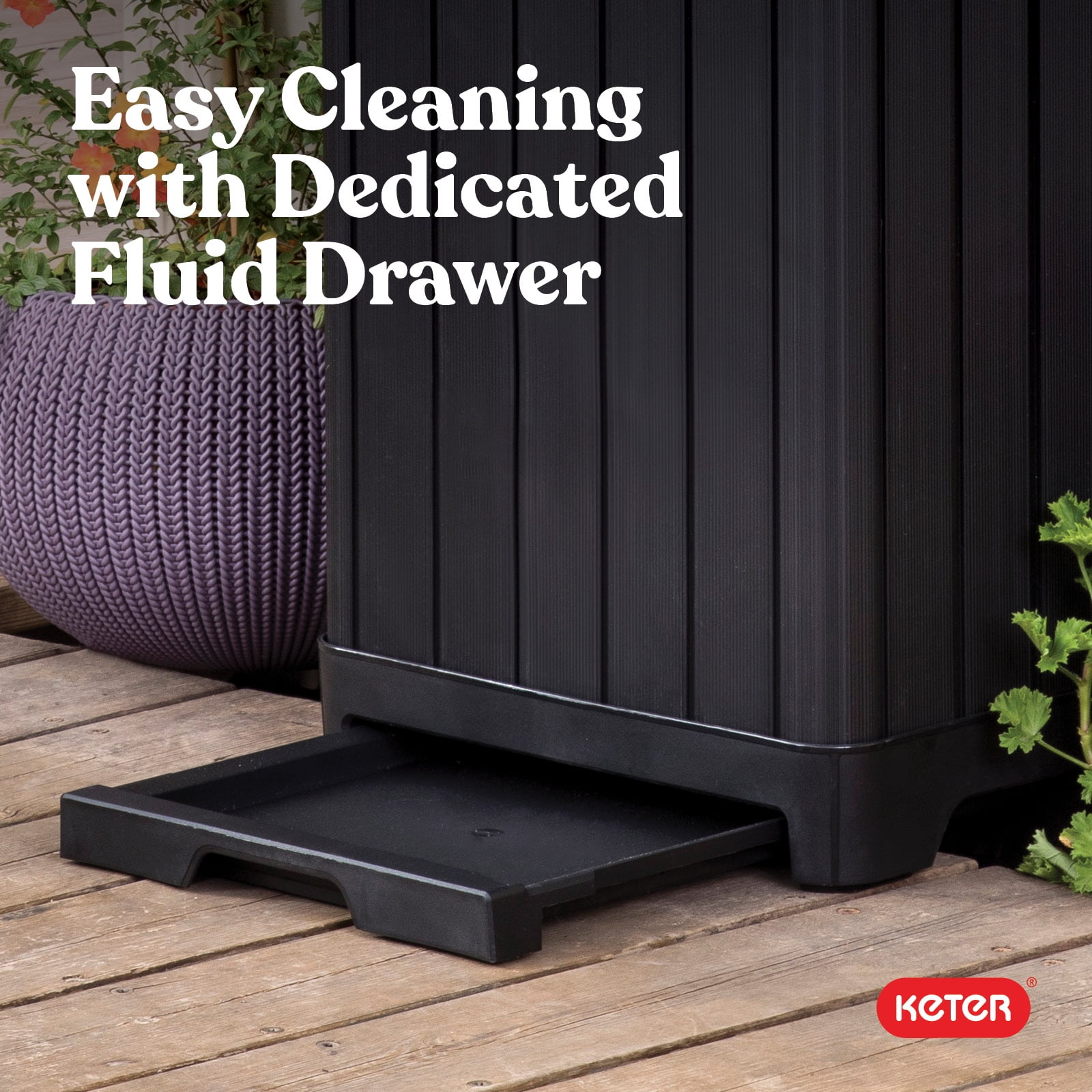 Keter Baltimore 38 Gallon Resin Outdoor Kitchen Trash Can Duotech Garbage Can, Black Woodlook