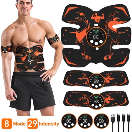 Wireless EMS Muscle Stimulator with LED Screen, Smart Electric Ab Toner for Abs, Arms & Legs – 8 Modes, 29 Levels – Rechargeable Fitness Massager & Training Stickers (Includes Ab & Arm Pads)