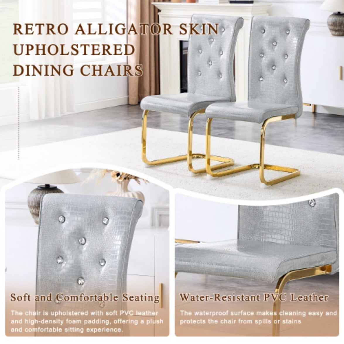 Set of 4 Retro Dining Chairs, Faux Alligator Leather Upholstered Chairs with Crystal Button Details & Gold-Plated Bent Metal Legs, 400 LBS, Gray & Gold