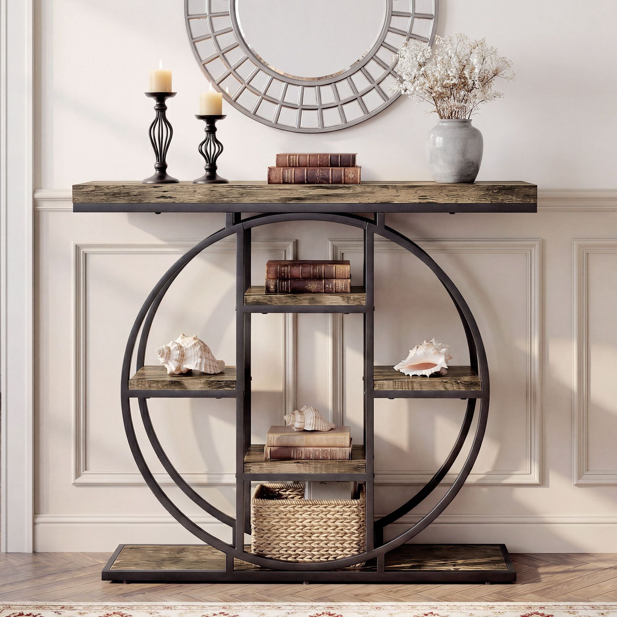39.4" Console Table with Storage Shelves, Industrial Sofa Table for Living Room, Hallway, Rustic Oak