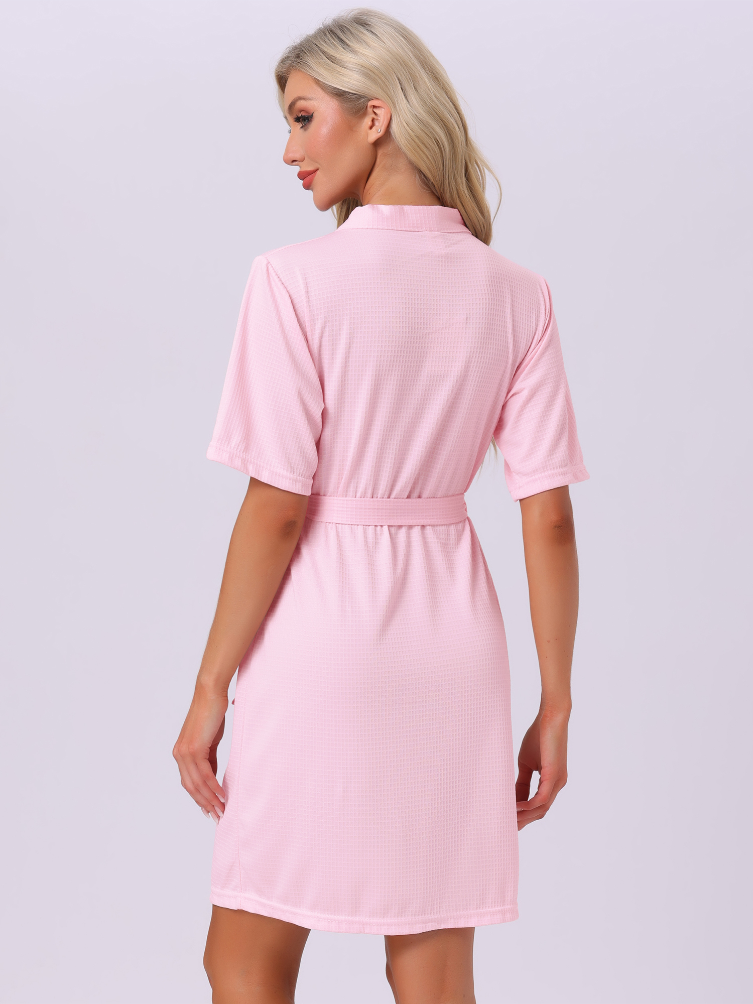 DARING DIVA Bathrobe Waffle Terry Shawl Collar Tie Short Sleeve M Pink