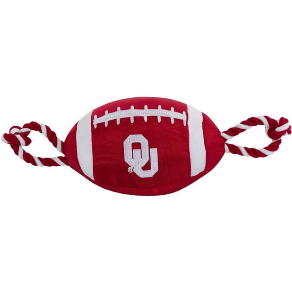 Pets First Collegiate Oklahoma Sooners Strong, Durable, Chewable Football Dog Toy with Inner Squeaker and Side Ropes, Officialy Licensed