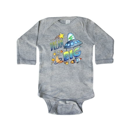 

Inktastic Dream Big Cute Space Dinosaur Flying Spaceship Gift Baby Boy or Baby Girl Long Sleeve Bodysuit
