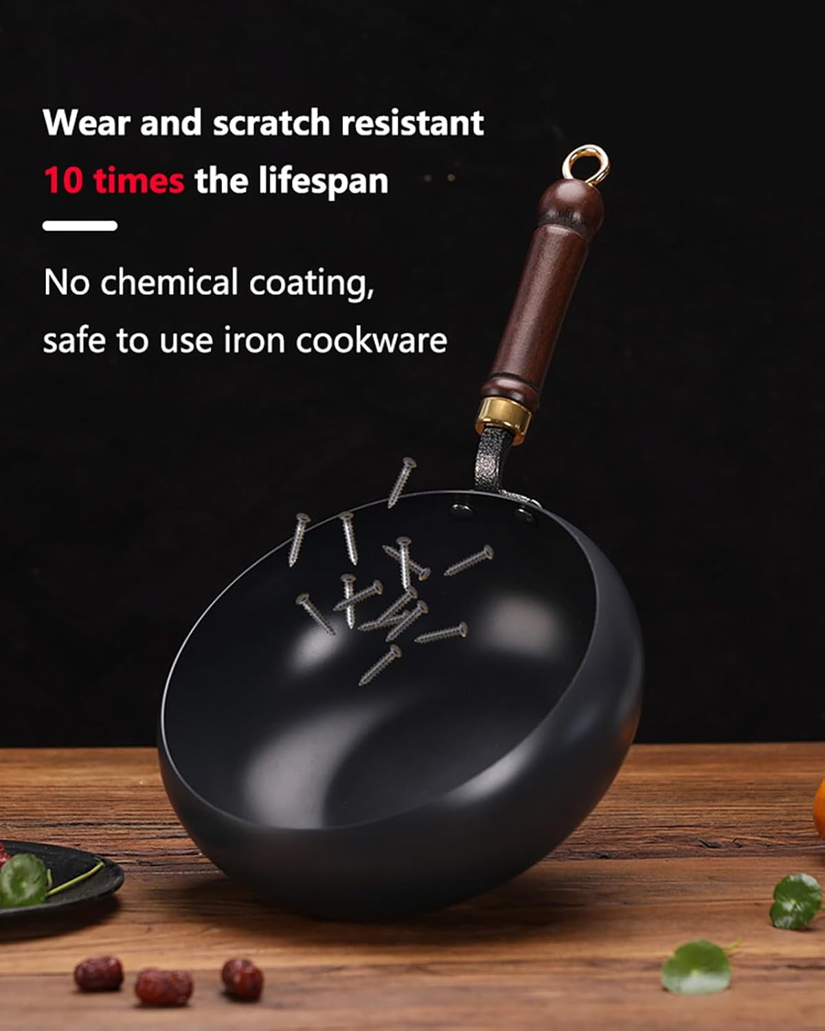 Hand-Forged Iron Wok with Wooden Lid, Japanese Non-Coated Nonstick Frying Pan, for Gas Stove, Induction Cooktop – Flat Bottom Stir Fry Pan for Home Kitchen Cooking (9.5in)