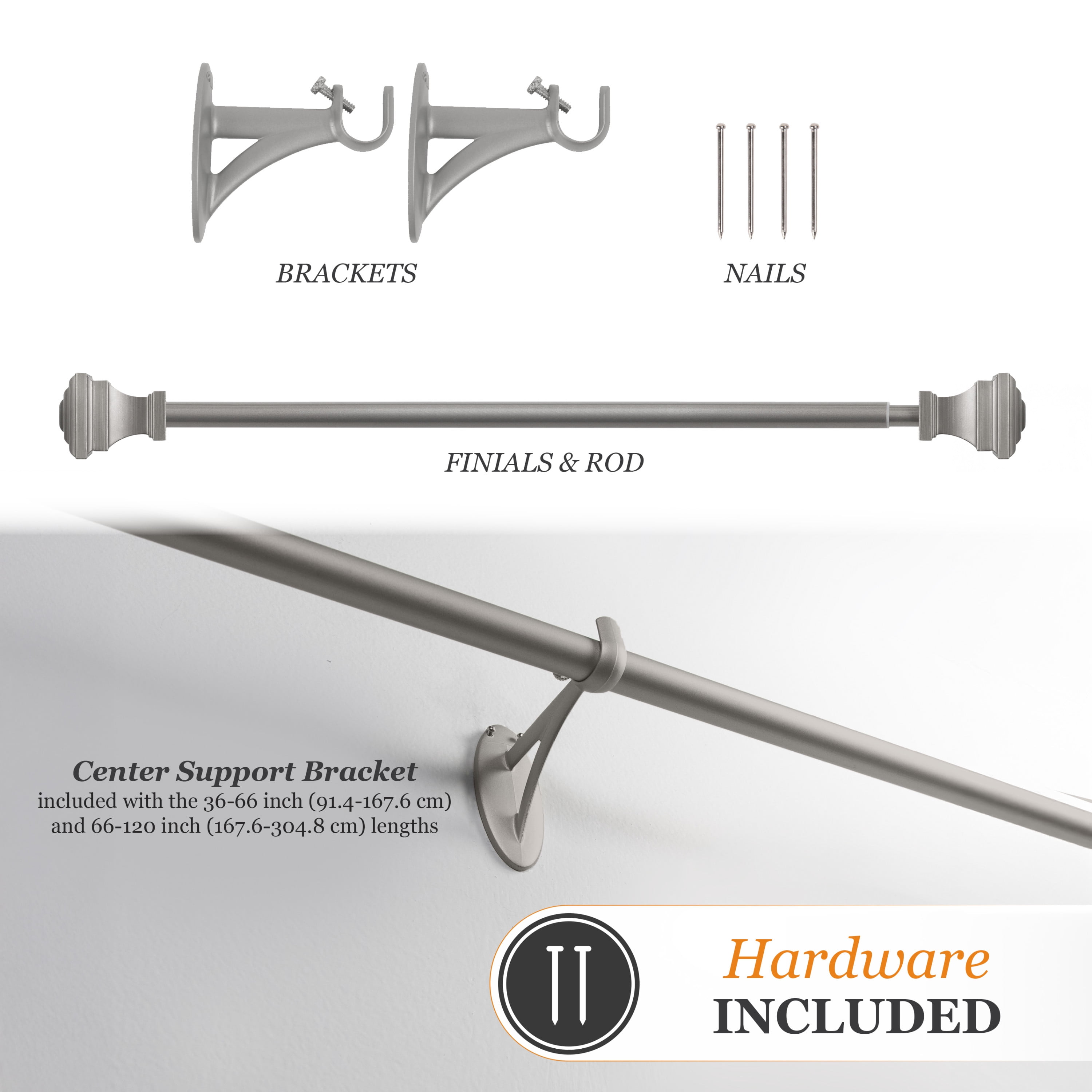 Kenney Milton 5/8" Fast Fit, Easy Install Decorative Window Curtain Rod, 66-120", Pewter