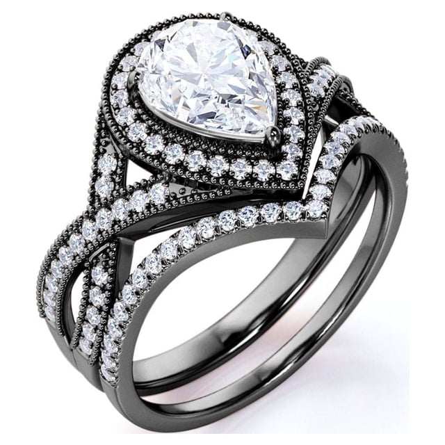 JeenMata Conjunto Nupcial de Moissanita de Corte Pera de 1,5 Quilates - Conjunto Nupcial - Anillo Art Déco - Anillo de Halo - Anillo de Racimo - Oro Negro de 18 K sobre Plata