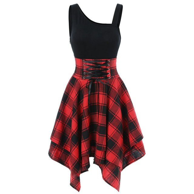 PENGXIANG Mode Femmes Sans Manches Épaule Froide Croix Dentelle jusqu'à Plaid Imprimé Robe Irrégulière