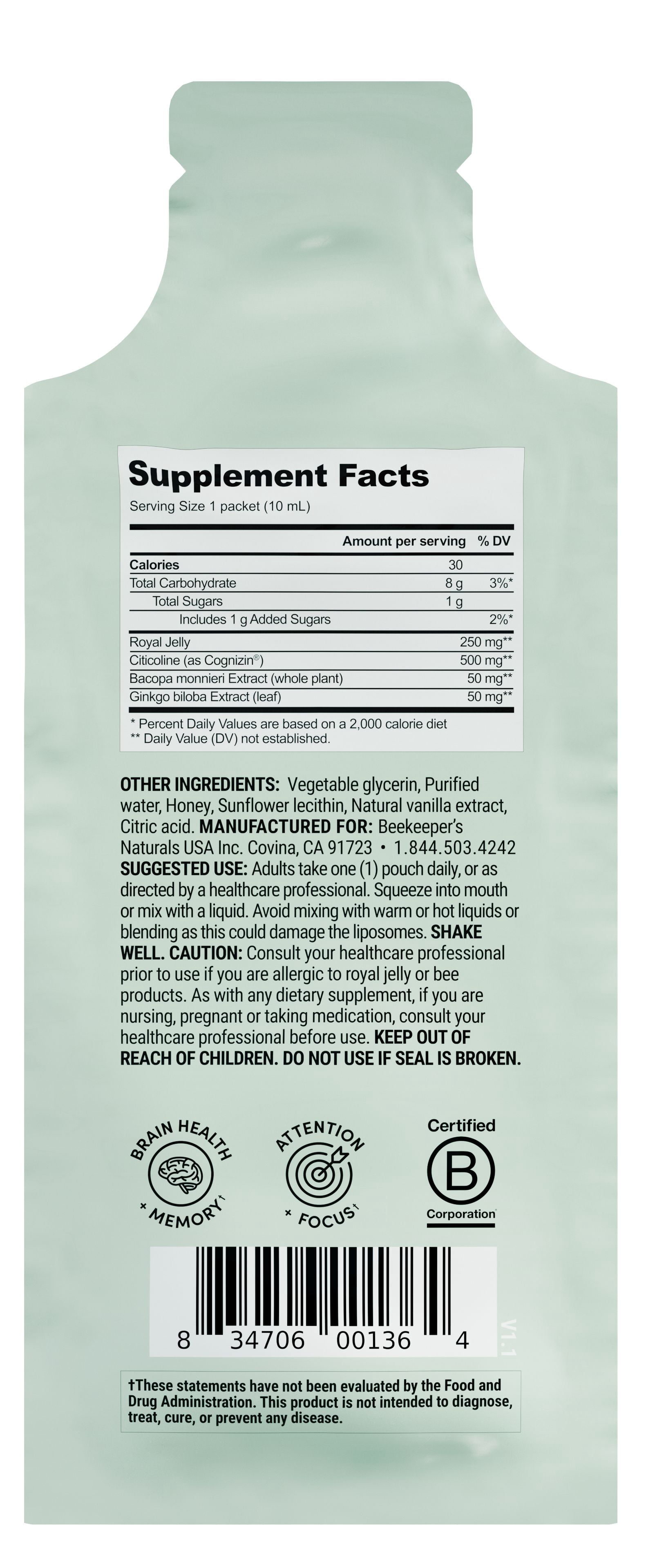 Beekeeper's Naturals Royal Jelly Brain Health Liposomal Singles Cognitive Support - 30 Count