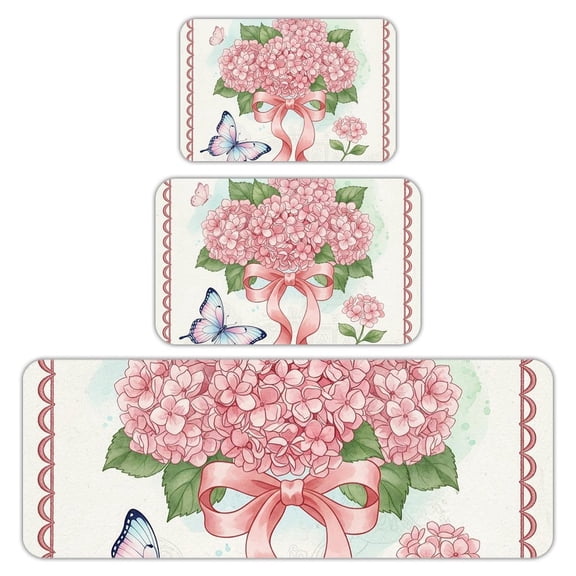RKSupls Kitchen Rug Set 3 Piece Anti-Slip Flannel Floor Mats, Pink Hydrangea Washable Absorbent Runner Mats for Kitchen Bathroom Home Decor