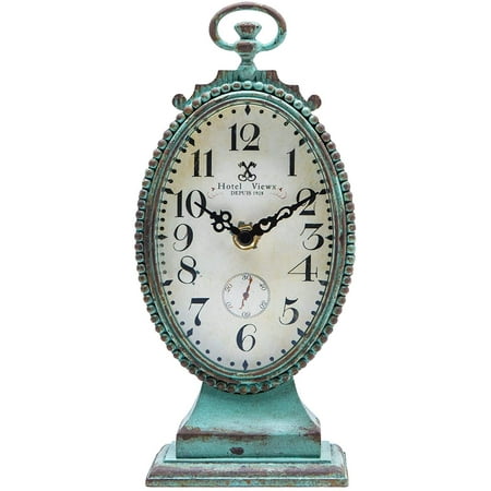 Vintage Table Clock - Battery Operated Rustic Distressed Style - Shabby Chic Home Decor for Fireplace Mantel, Shelf, Desktop, Countertop - Green