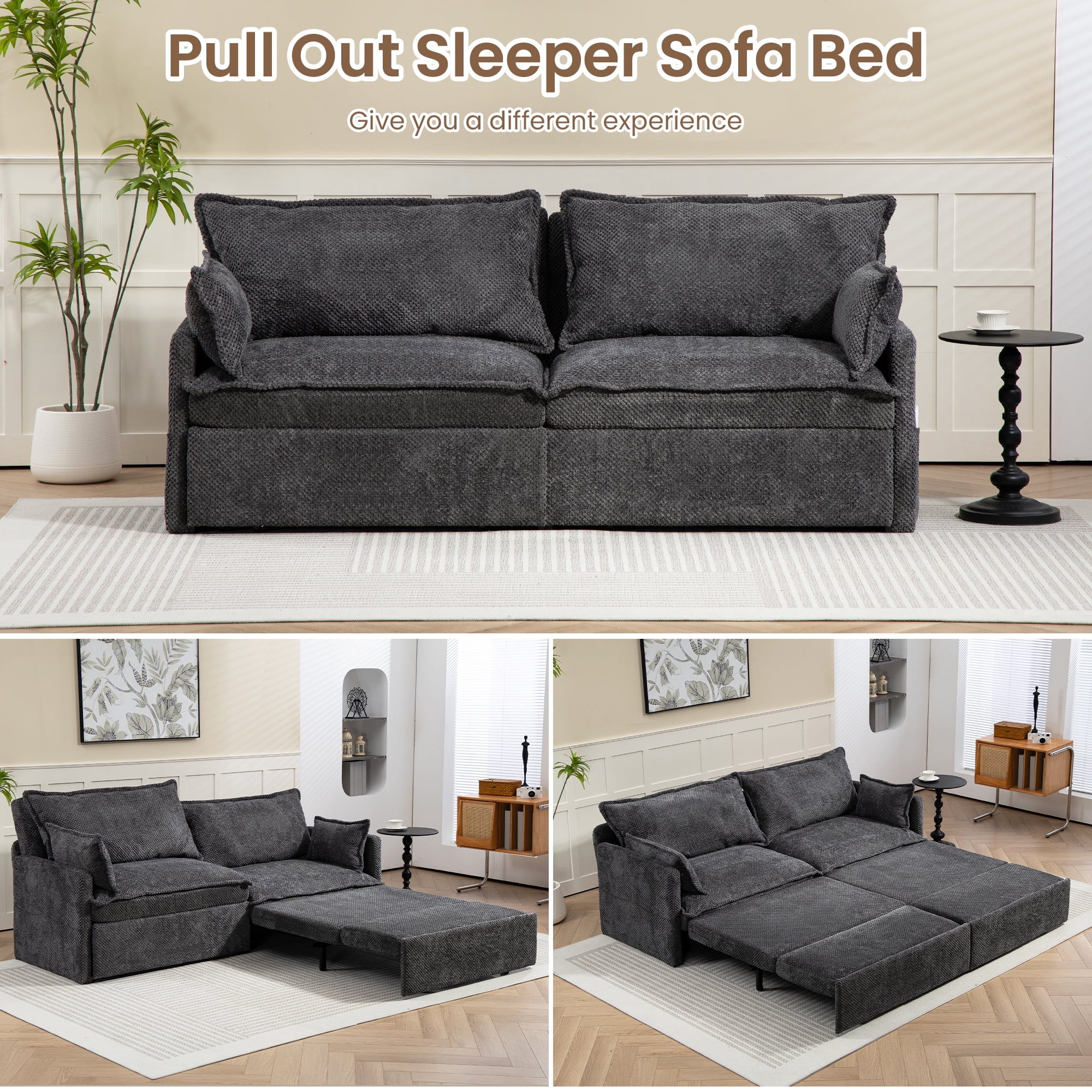 73.6'' Pull Out Sofa Bed, 3 in 1 Convertible Sleeper Loveseat Sofa, Pull Out Couch with USB Charging, Side Pockets for Living Room, Apartment, Small Spaces (Corduroy, Gray)
