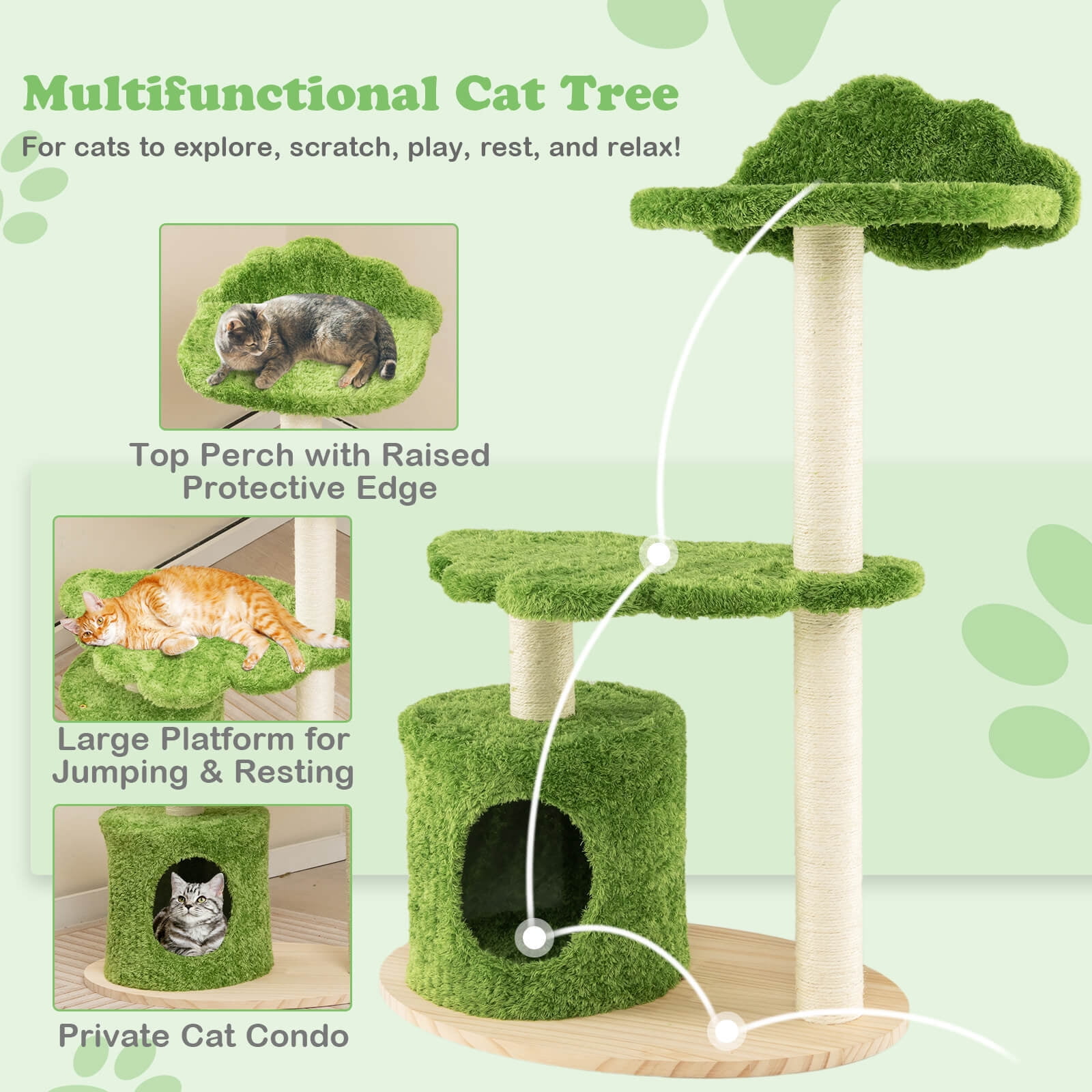 Amijoy Wooden Cat Tree, 38" Tall Cat Climbing Stand w/ Sisal Scratching Posts, Cat Condo, Top Perch, Solid Wood Base