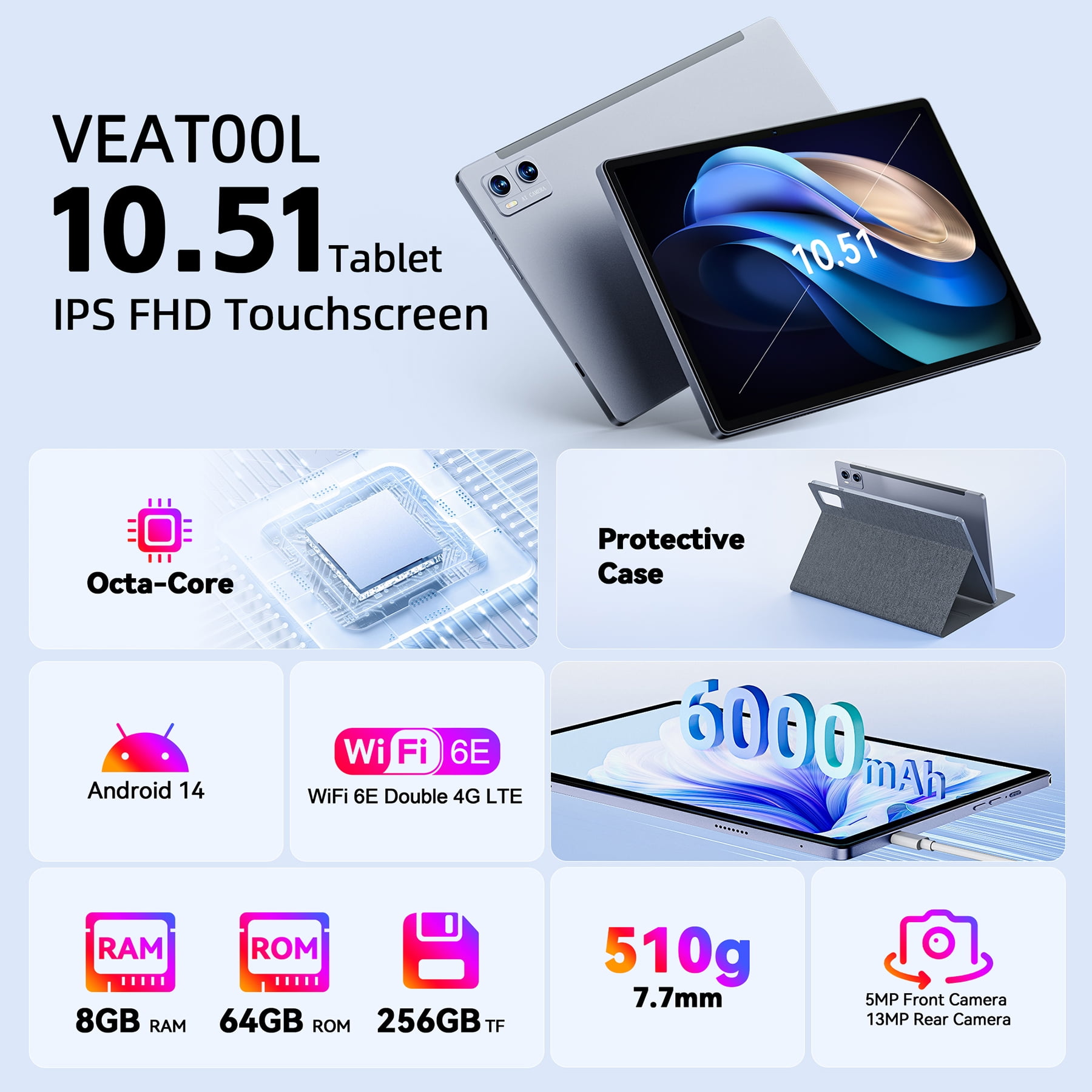 VEAT00L Android 14 Tablet ,10.51inch Tablets, Octa Core, 8GB RAM +64GB ROM ( 256GB Expand ), FHD IPS 1920 * 1200,6000mAh Battery, 2.4/5Ghz WiFi,GPS, Dual Sim Slot,Case&Stylus,Widevine L1,Split Screen