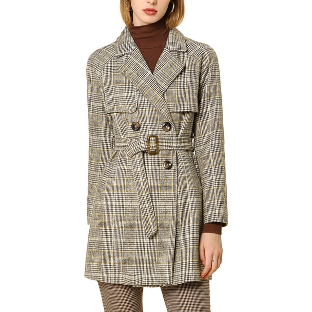 Abrigo de cuadros houndstooth para mujer con solapa de muesca y mangas raglán en marrón