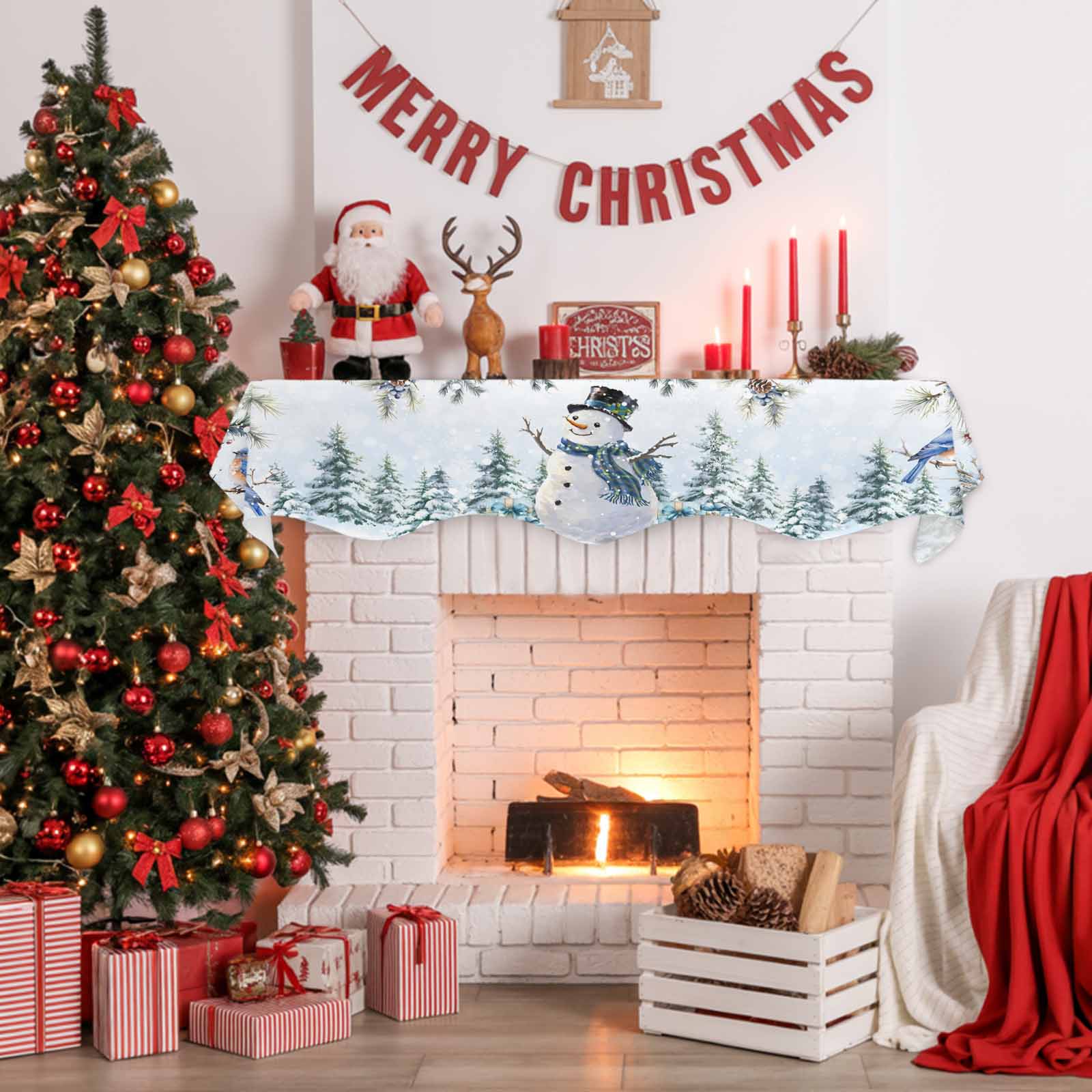 Christmas Snowman Fireplace Mantle Scarf Pine Leaf Forest Birds Berries Blue Snow Mantel Cover Runner Fireplace Cloth for Holiday Party Home Living Room Decor 70 x 17 Inch