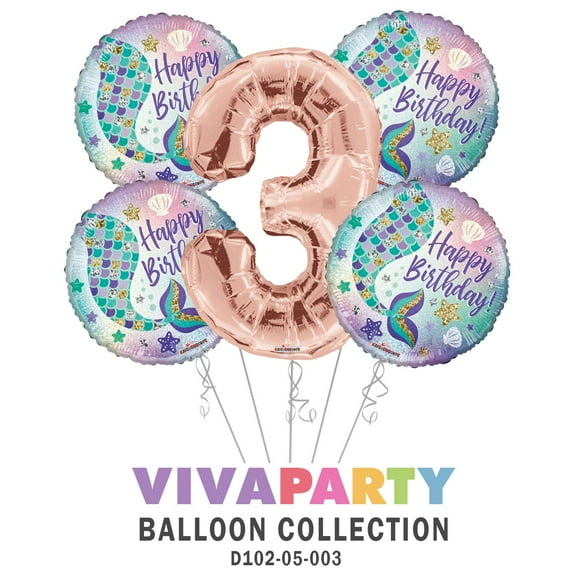 Happy Birthday Mermaid Round Balloon Bouquet 5 pc, 3rd Birthday, Rose Gold Number 3 Jumbo Balloon | Viva Party Balloon Collection