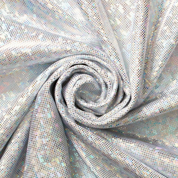 Micro Dot Hologram Tricot Foil Fabric - White Silver Shiny Stretchy 60” By The Yard