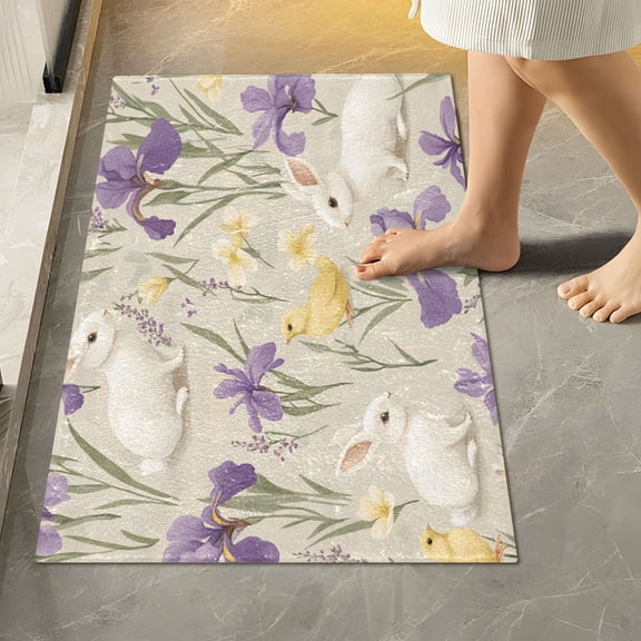 Yayeee Bath Rug for Bathroom Floor Non Slip Rectangle Fluffy Soft Absorbent Mat, 16"x24", Purple Floral Rabbit