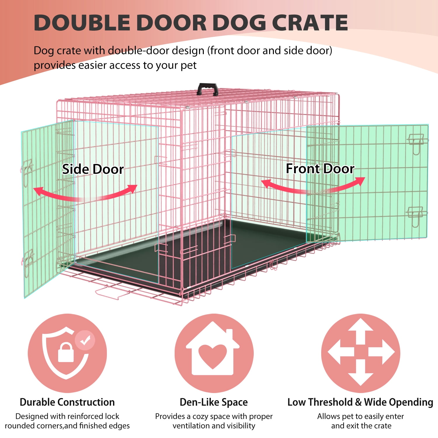 YRLLENSDAN 48 inch Dog Crate, Dog Crates and Kennels for Big Dog Foldable Large Dog Crate for Large Dogs with Handle Double-Door Outdoor Metal Wire Dog Cage with Plastic Tray for Medium Dogs, Pink