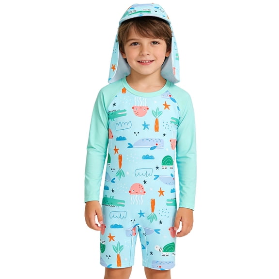 OSOLU Children Boys Swimsuit Sets Summer Swim Trunks with Matching Swim Cap Ocean World Print Swimwear Beach Pool Training Slim Fit Bathing Suit