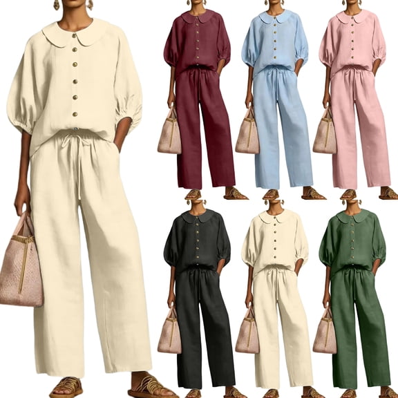 UDAUDU Womens 2 Piece Linen Set Casual Collar Button Shirt And Drawstring Wide Leg Pants Outfit Beige L