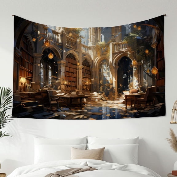 Modern Style Tapestry, Library Illustration Print Tapestry, Bedroom Living Room Dormitory Decoration, Home Decoration
