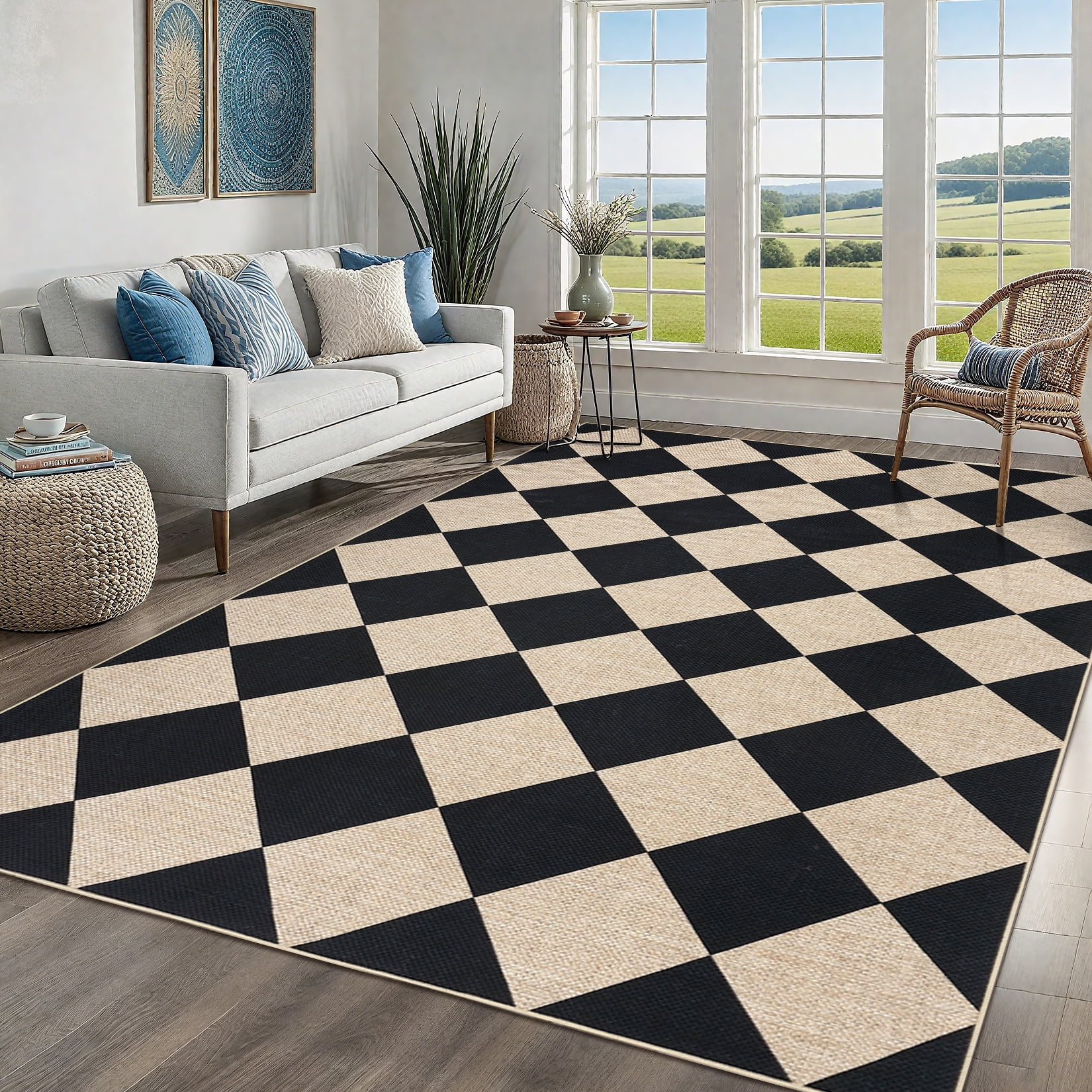 Haperlare 5'x7' Washable Jute Area Rugs Checkered Carpet, Non Slip Low Pile Rug Contemporary Indoor Outdoor Floor Mats for Living Room Bedroom Backyard, Black White