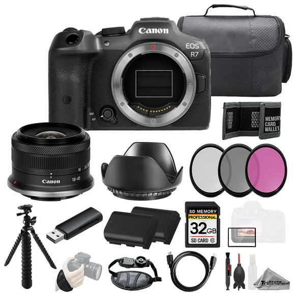 Canon EOS R7 Camera   RF-S 18-45mm f/4.5-6.3 IS STM Lens  32GB   Ext Bat  3 PC Filter- Kit (International Version)